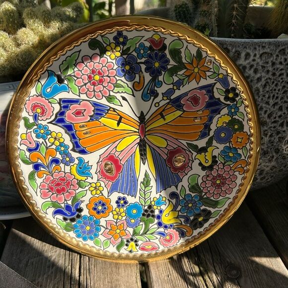 CEARCO PINTADO A MANO 24K ENAMEL POTTERY BUTTERFLY Wall Hanging Plate 8.5" - Picture 11 of 16